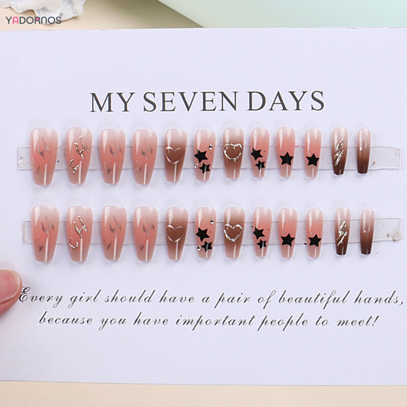 Dicas de unhas falsas de estrela de cinco pontas para mulheres, unhas falsas Y2K Girls, rosa, wearable, pressione, preto, projetado, cobertura completa