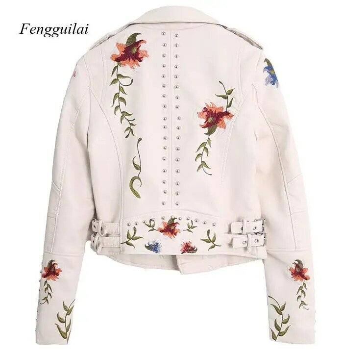 女性用長袖ジャケット,花柄刺繍,折り返し襟,レザー,スポーツウェア,オートバイ