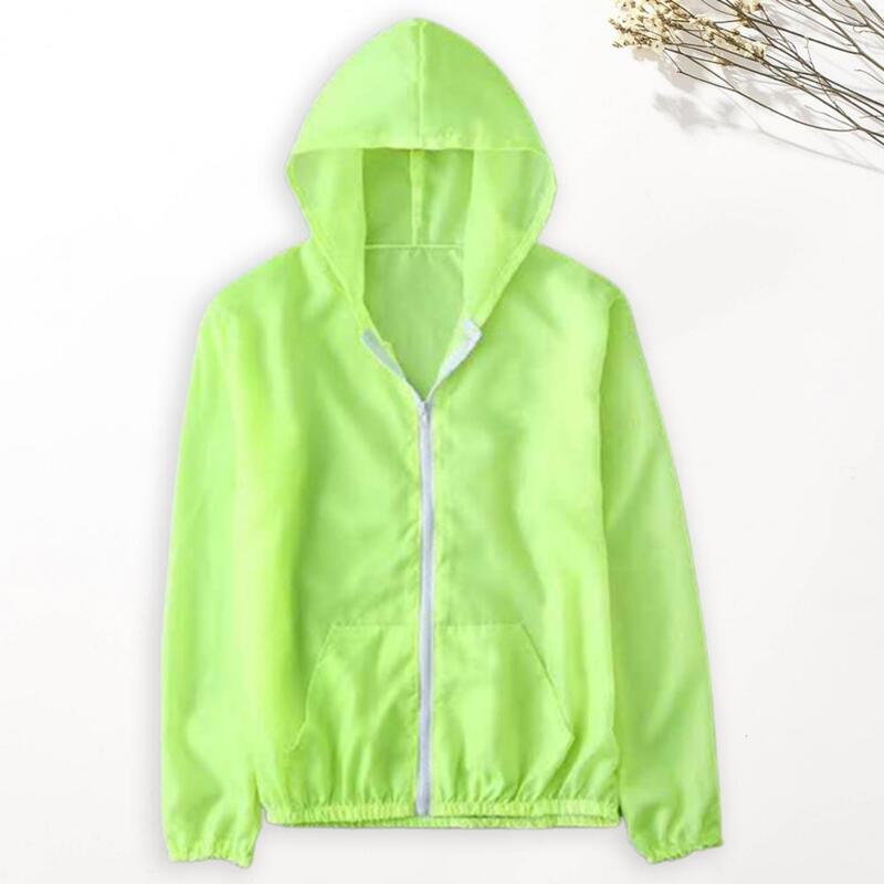 후드 긴팔 자외선 차단 재킷, 포켓 지퍼 플래킷, 단색 유니섹스 초박형 자외선 차단 의류, 겉옷