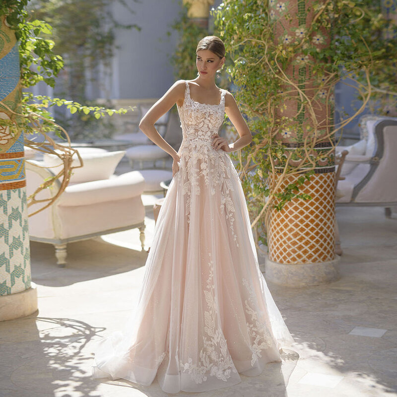 Женское свадебное платье с квадратным вырезом COZOK, мягкое фатиновое платье невесты цвета шампанского с кружевом, лето 2024