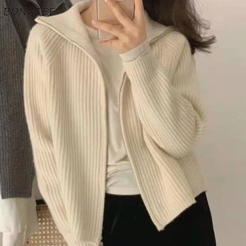 Korean Style Cardigans for Women Young Warm Soft Spring Autumn Clothing All-match Zipper Design Niche Girls Solid Long Sleeve