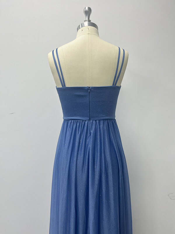 Синее вечернее платье-трапеция на бретелях с поясом, без рукавов, с подкладкой сзади