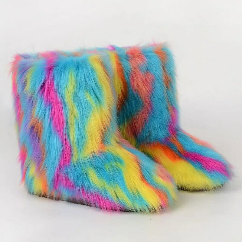 ฤดูหนาวรองเท้าผู้หญิง Winter Fluffy Faux Fox ขนสัตว์รองเท้าผู้หญิง Plush Warm Snow รองเท้าหรูรองเท้าหญิง Furry Fur bottes แฟชั่น