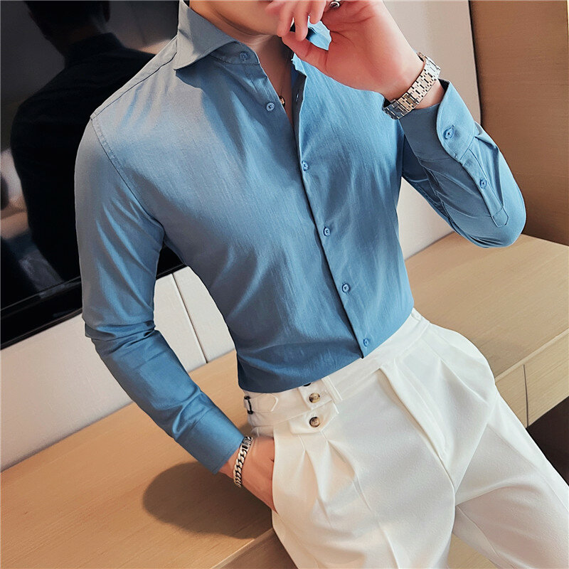 Camisa elástica resistente a rugas masculina, tecido de textura, slim fit, terno confortável de negócios sociais, vestido cinza, novo