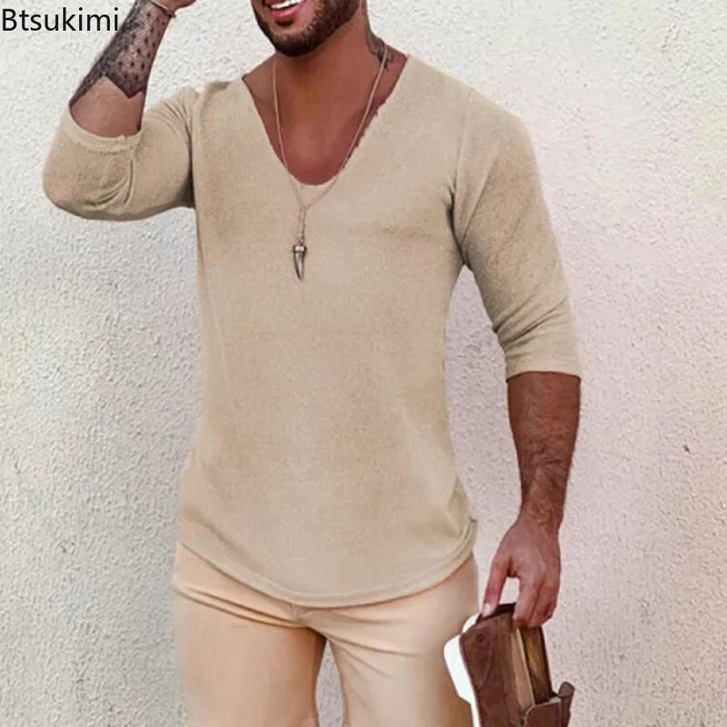 Мужские повседневные вязаные свитера с длинным рукавом 2024, тонкая Стильная мужская одежда на весну и осень, однотонный вязаный пуловер с V-образным вырезом, вязаные топы