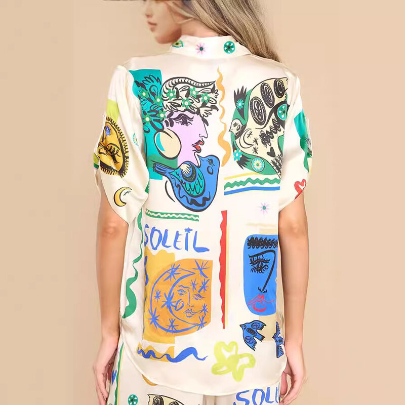 Nieuw Zomer Damesshirt Tweedelig Overhemd En Broek Met Print Mode Dames Casual Street Wear Wijde Pijpen Broek Reiskleding