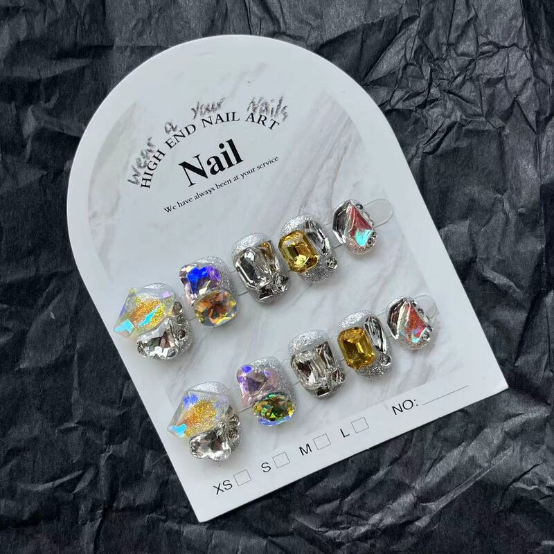10pcs Handmade Short Rhinestone Round Manicure Decoration Cute Wearable Full Cover with Design Acrylic Nail Tip Art  ﻿
