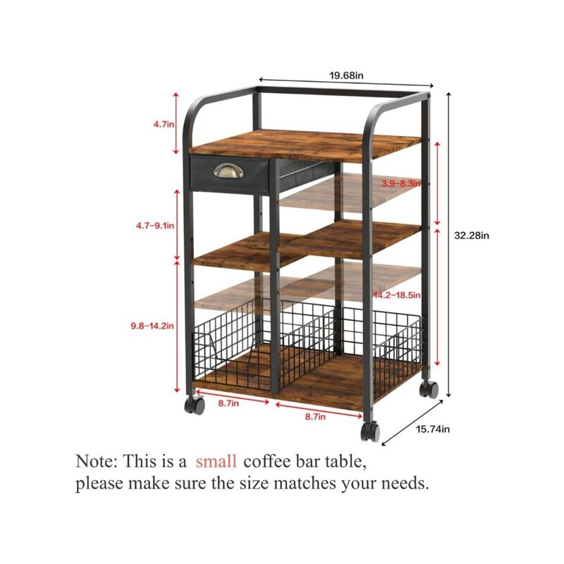 Coffee Bar with Wheels, Mobile Coffee Table with Storage Drawer, 4-Tier Adjustable Coffee Cart,