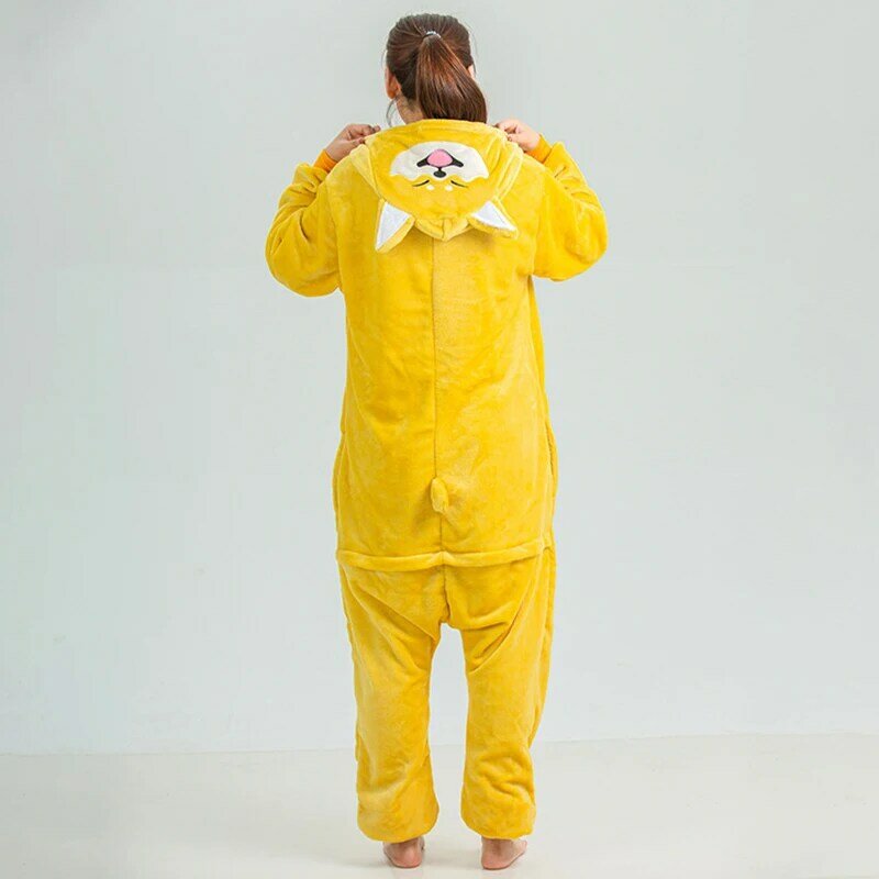 Pijama de franela con capucha de Shiba Inu, ropa de dormir de una pieza con botón de dibujos animados, color amarillo brillante, ropa de ocio cómoda para pareja