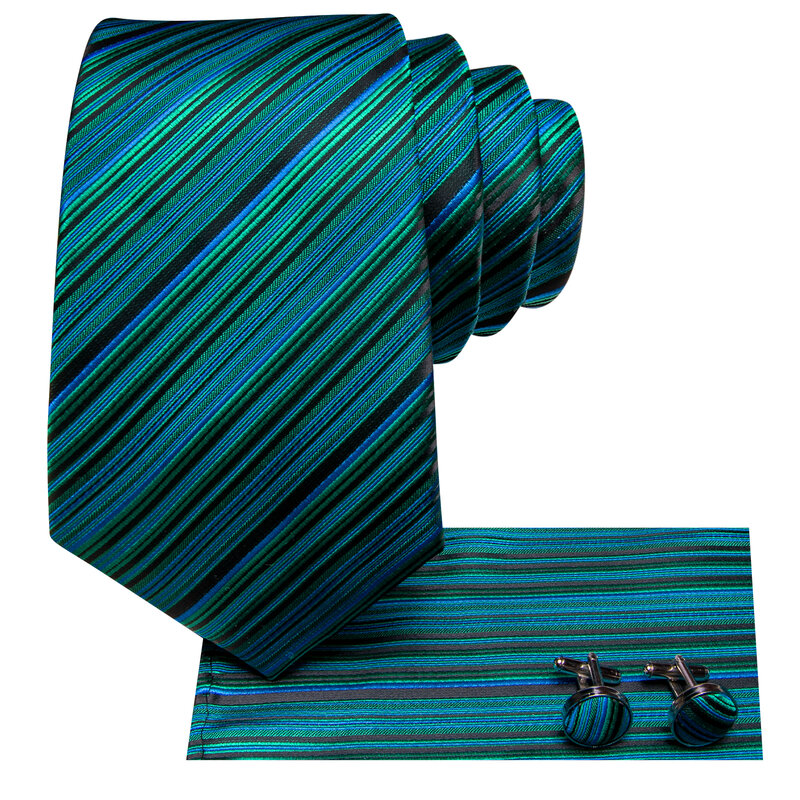 Hi-Tie Designer Striped Peacock Blue Elegant Tie for Men Fashion Brand Wedding Party Necktie Handky Cufflink Wholesale Business