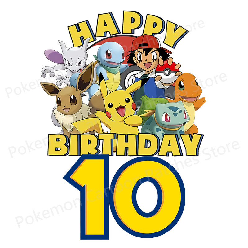 Pokémon Anime Fusível Patch Adesivo para Roupas Infantis, Apliques De Transferência De Calor, Números De Feliz Aniversário, Presente De Festa, 1 a 12 Anos