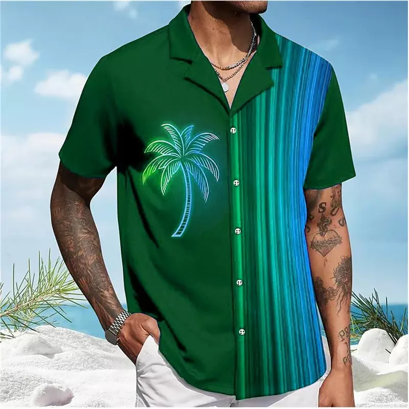 Camisa con estampado 3D de palmera para hombre, camisa de manga corta con solapa, color morado, 8 colores, talla grande 5XL