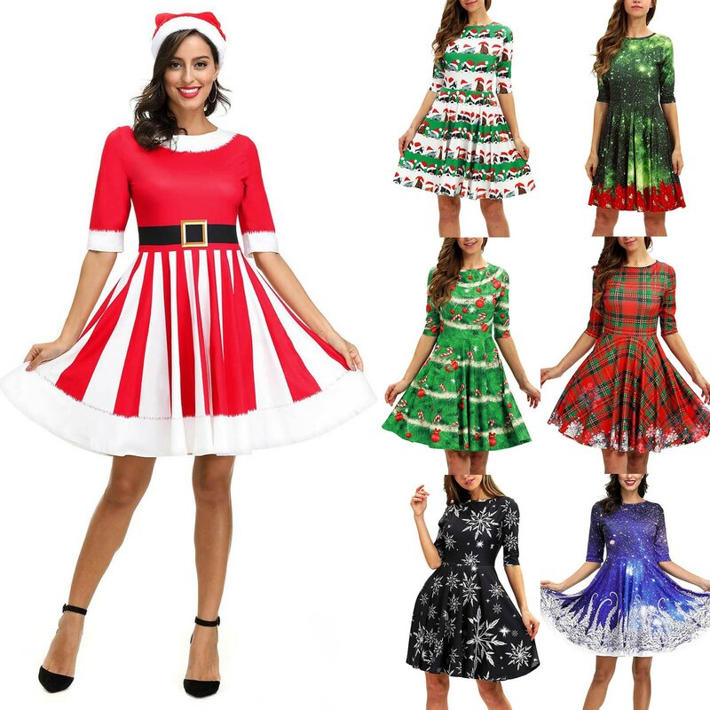 여성용 크리스마스 프린트 긴팔 원피스 캐주얼 드레스, 10 대 여성용 티셔츠 드레스