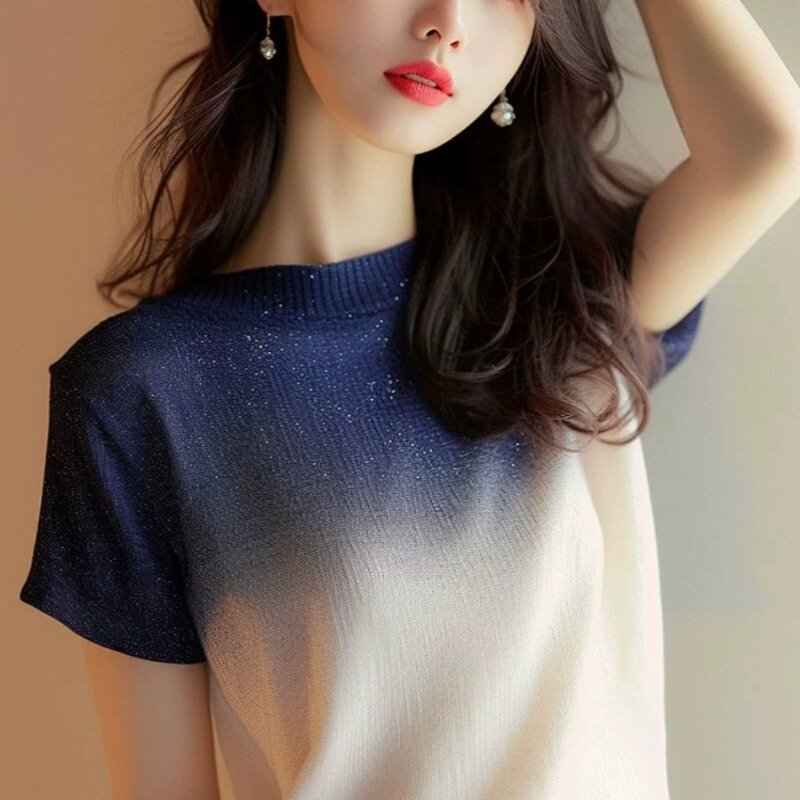 Camiseta de manga corta con cuello redondo para mujer, ropa informal holgada con lentejuelas que combina con todo, primavera y otoño, nueva moda