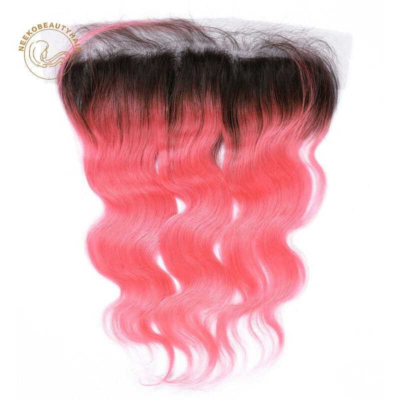 Pink Ombre Human Hair Extensions with Lace Frontal Pink Colored Hair Bundles with 13x4 Frontal Body Wave Remy Brazilian Hair