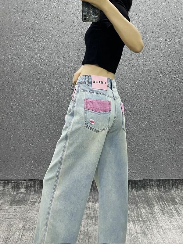 Celana Jeans berlubang berwarna tampan untuk wanita, celana panjang kaki lebar pelangsing longgar pinggang tinggi musim panas