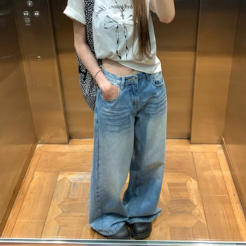 QWEEK-Jeans feminino vintage de cintura alta, streetwear coreano, calças de perna larga, calça jeans lavada casual Harajuku, verão, Y2K