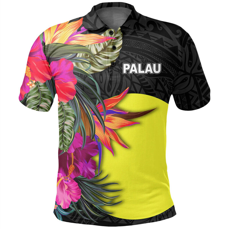 Polo palau havaiano masculino, impresso em 3D, hibisco, botão polinésio, blusa casual de manga curta solta, camiseta de rua, verão