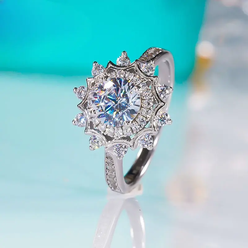 Mencheese Platinum New Moissanite Sunflower Ring Light Luxury Full Diamond Shining SUNFLOWER Diamond Ring Proposal Wedding