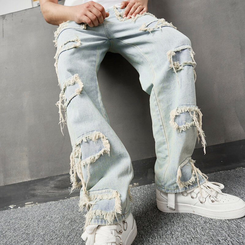 Jeans jeans masculino, streetwear de hip-hop, calça afligida, com remendos retrô, jeans reto lavado, novo, verão