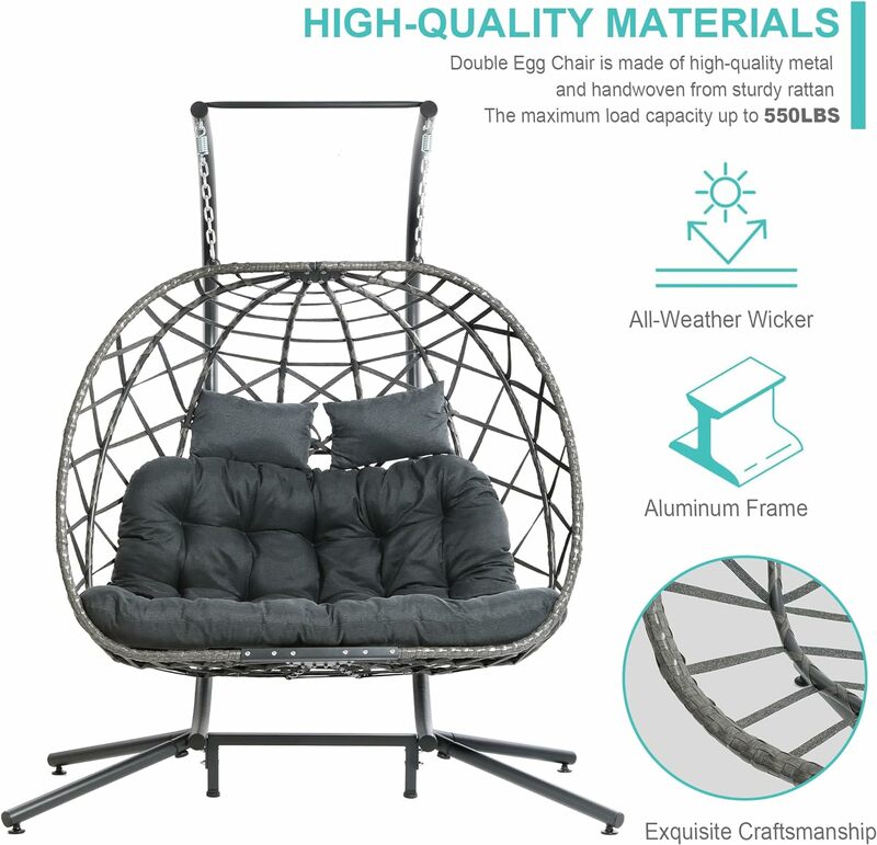 Double Egg Swing Chair with Stand, 1/2 Person Wicker Hanging Chair with Stand, Outdoor Indoor Oversized Hammock Chair