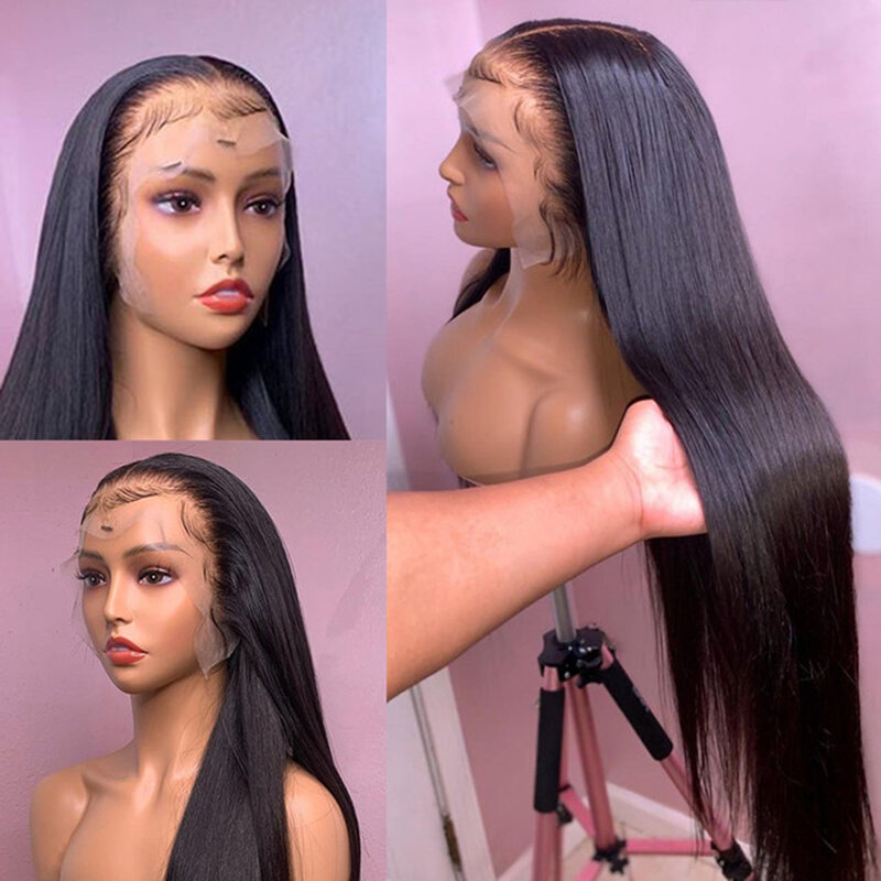 Peluca de cabello humano liso de 13x4 y 13x6, postizo de encaje Frontal transparente de 30 pulgadas, pelo brasileño predespuntado, barato