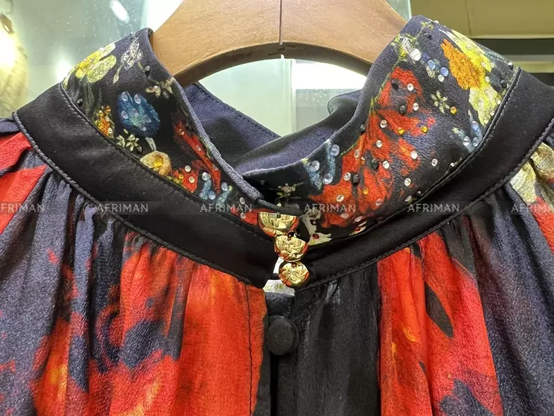 Conjunto feminino de blusa de seda solta com gola alta e calças de perna larga, estampa floral retrô, top frisado pesado, calça comprida
