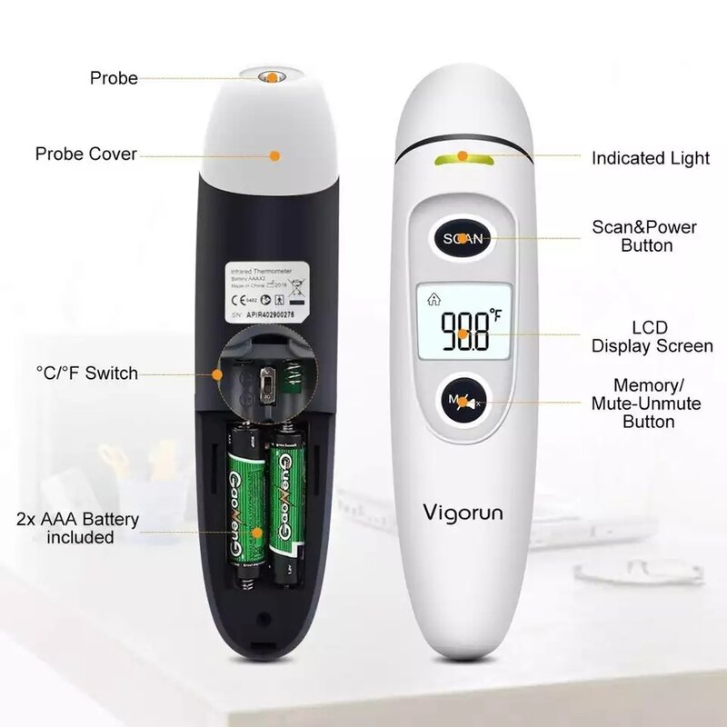 Termômetro infravermelho digital sem contato, termômetro médico, testa, orelha, febre corporal, bebê, adulto, medida de temperatura
