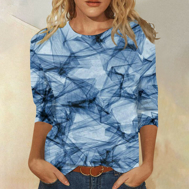 Camiseta de manga tres cuartos con cuello redondo para mujer, blusa cómoda con estampado, Verano
