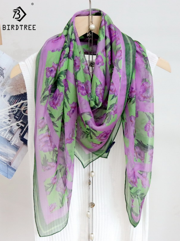 BirdTree 100%Mulberry Silk Chiffon Scarf, Fashion Floral Print, Mom's Gift Elegant Kerchief, 2024 Spring New Thin Shawl A41513QM