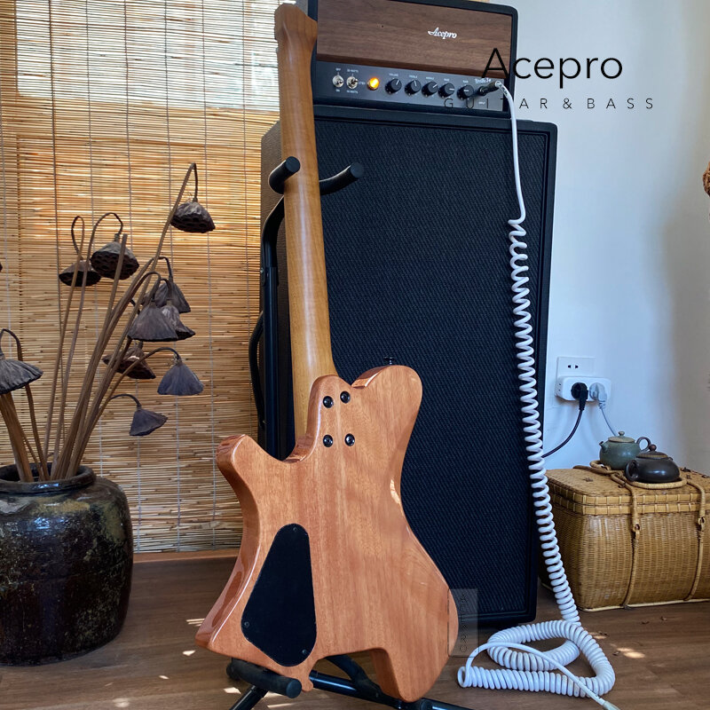 Acepro-Natural Burl Maple Top Headless guitarra elétrica, trastes de aço inoxidável, assado Bege pescoço, Preto Hardware, frete grátis