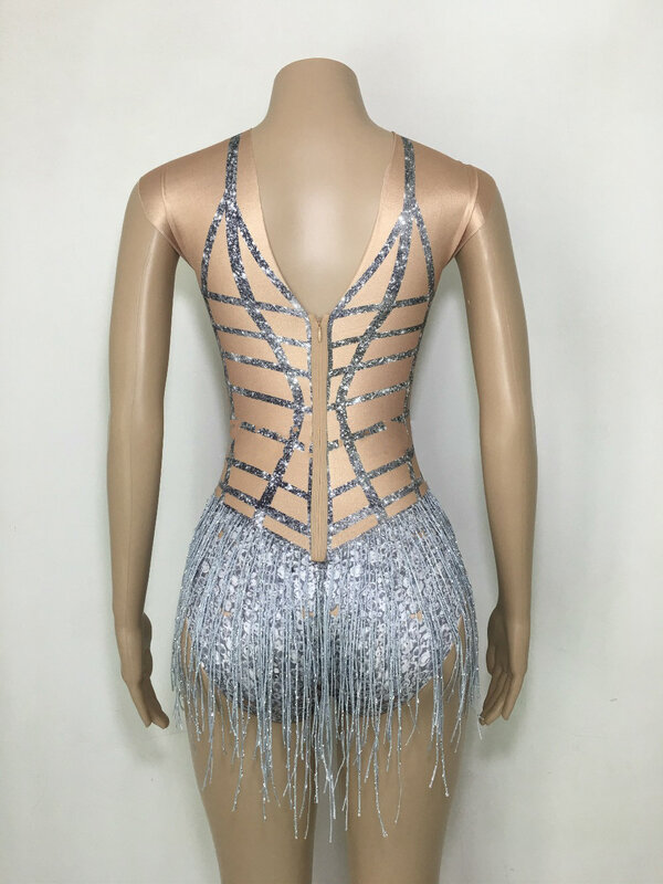 Sexy Sleeveless Crystal Tassel Bodycon Jumpsuit Dance Stage Performance Costumes Lady Birthday Party Bodysuit Festival Clothing