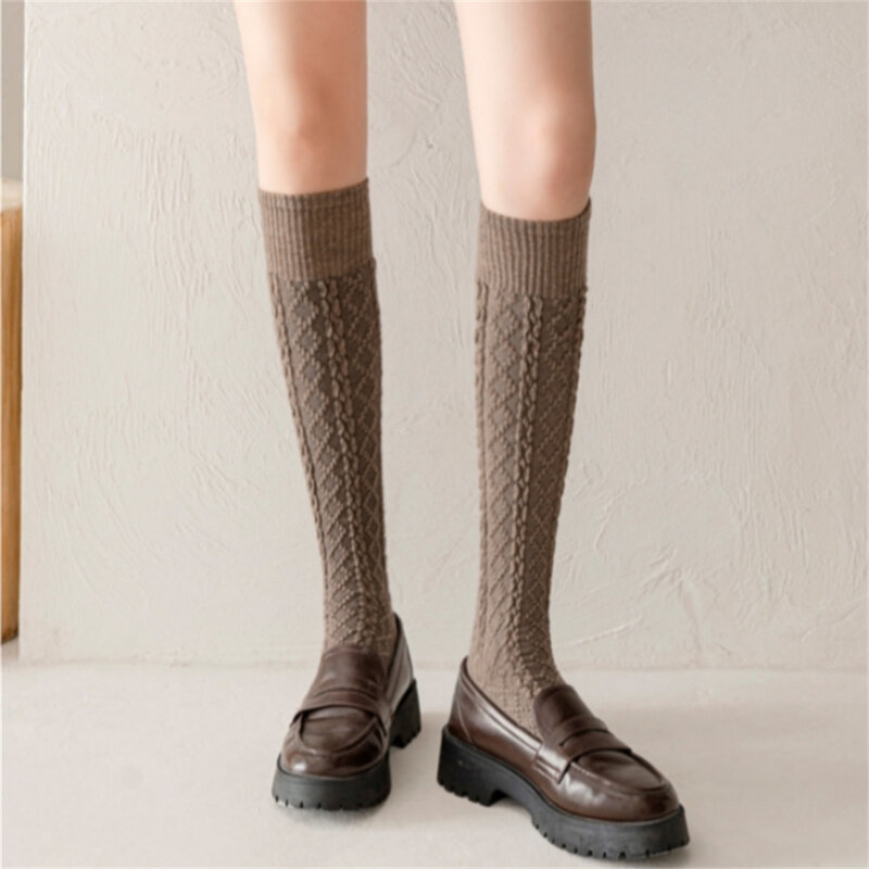 Meias longas de caxemira japonesa para mulheres, meias, altura do joelho, malha, monocromática, grossa, quente, outono, inverno