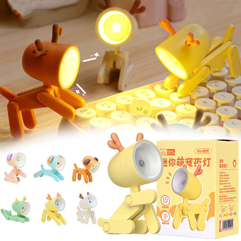 Mini lámpara de mesa plegable con orejas para niños, luz nocturna LED creativa, perro de dibujos animados, ciervo, juguete para mascotas, Decoración de mesa de dormitorio