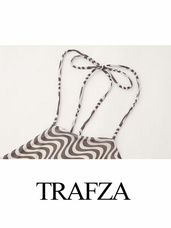 Trafza weibliche hotsexy Tüll Wave Print Neck holder Schnür oberteile rücken frei elegant ärmellose weibliche Mode Tops 2024 Sommer