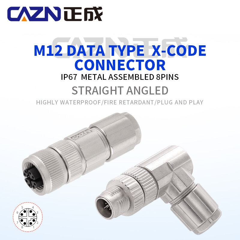 Fabriek M12 Veld Installeerbare Plug Data Type 8 Pin X Code Soldeer Crimp Vrouwelijke Schuine Metalen Afgeschermde Connectoren