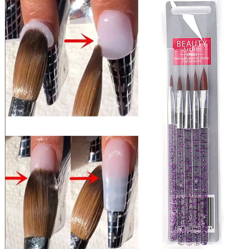 5Pcs Glitter Handle Nail Art Brush 10/13/15/17/19mm Writing Skill for Acrylic Powder Brushes DIY Building Brush Manicure Tool*TB