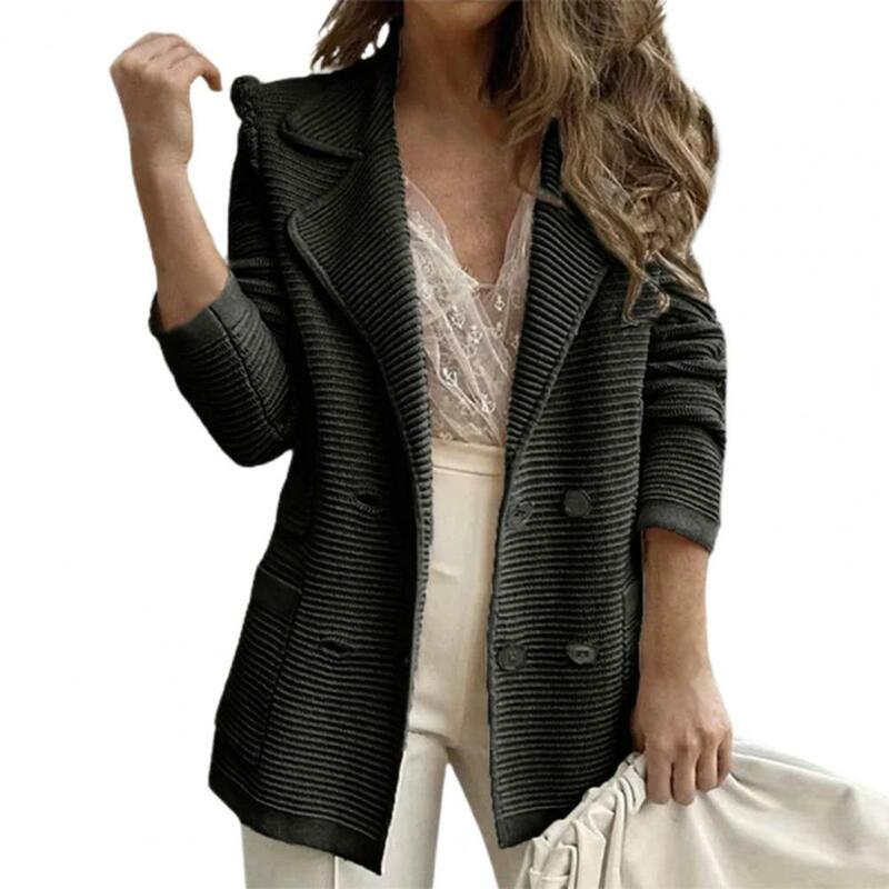 Women Suit Coat Formal Business Style Mid Length Double-breasted Solid Color Thick Warm Turn-down Collar Loose Long Sleeve OL Co