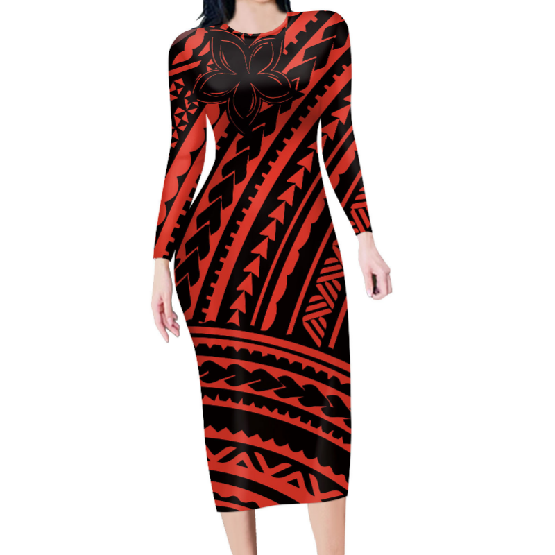 인기 커스텀 o넥 폴리네시아인 프린트 롱 드레스 여성용, 우아한 o넥 긴팔 파티 드레스 겨울 상품