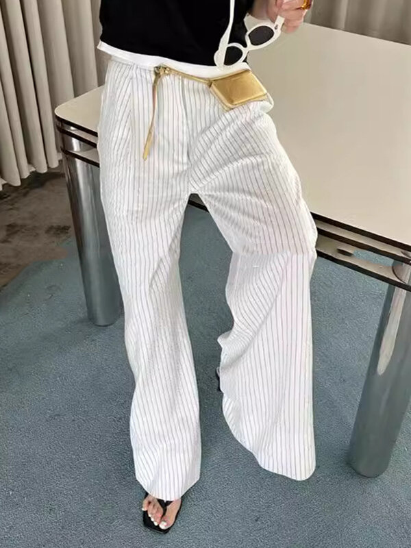 BZVW celana panjang penuh bergaris kasual untuk wanita celana panjang kaki lebar desain kantung unik pinggang tinggi 2024 pakaian baru 25A732