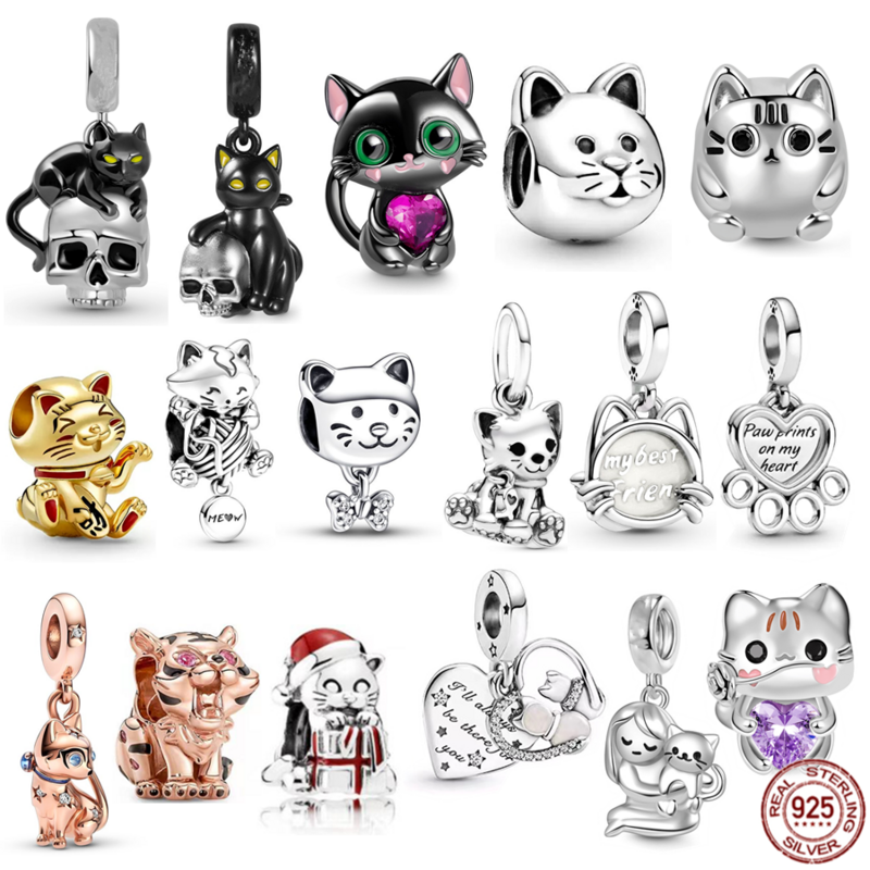 Autentik 925 Perak Murni Jimat Menjuntai Kucing Peliharaan Manik-manik Kucing Cocok Asli Pandora Gelang Kalung Perhiasan untuk Hadiah Wanita