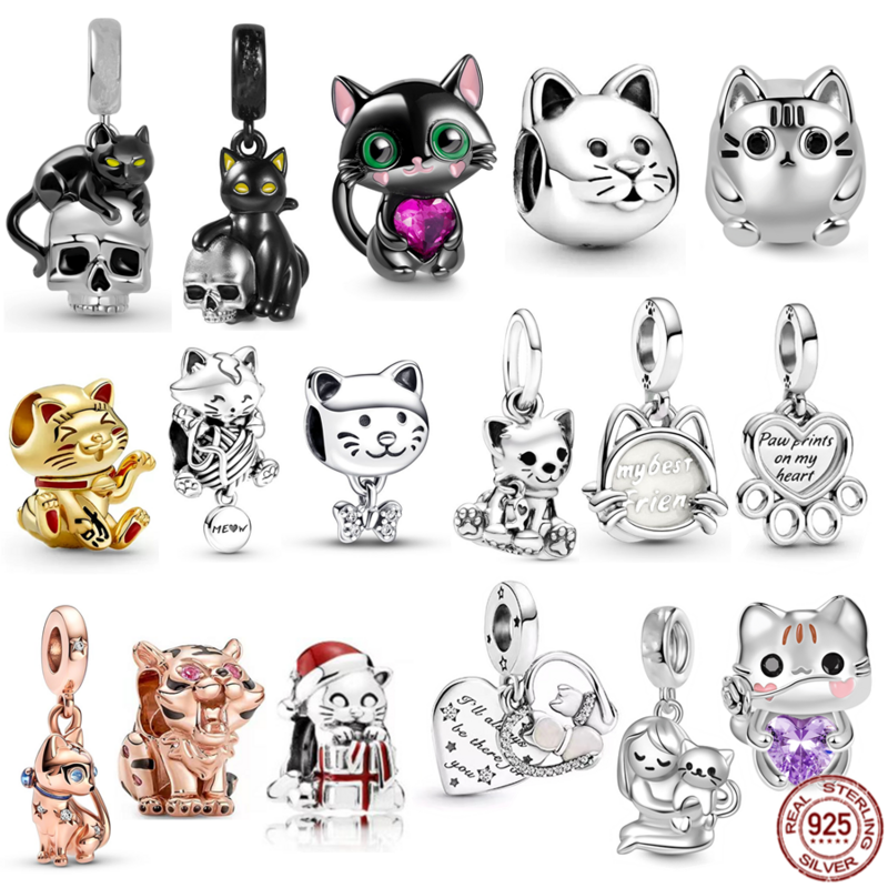 Authentic 925 Sterling Silver Pet Cat Dangle Charme para Mulheres, Kitten Bead, Fits Original Pandora Pulseira, colar, presente da jóia