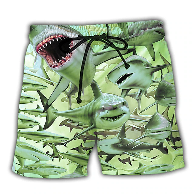 Pantalones cortos de baño para hombre, bañadores con cordón, estampado gráfico de tiburón, secado rápido, informales, hawaianos, para vacaciones, novedad