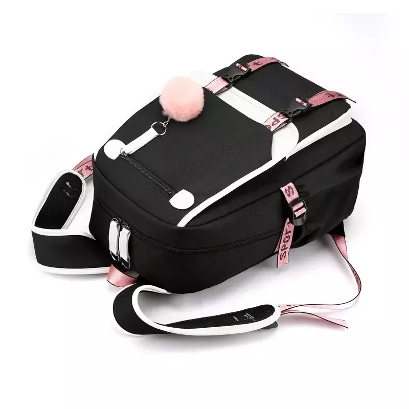 Grands sacs d'école pour adolescentes, cartable en toile avec port USB, sac de livre étudiant, sac à dos scolaire tendance, noir et rose