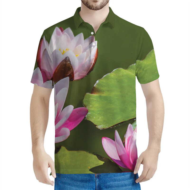Camiseta polo com padrão floral lírio masculina, camiseta estampada em 3D com flor de lótus, camiseta casual com botão, manga curta lapela, verão