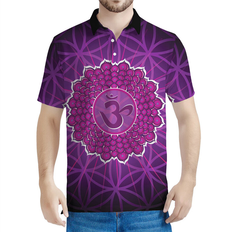 Vishuddha-Chakras Mandala Padrão Camisa Polo Masculina, 3D Botão Impresso T-Shirt, Streetwear Verão, Camisetas de Manga Curta, Tops