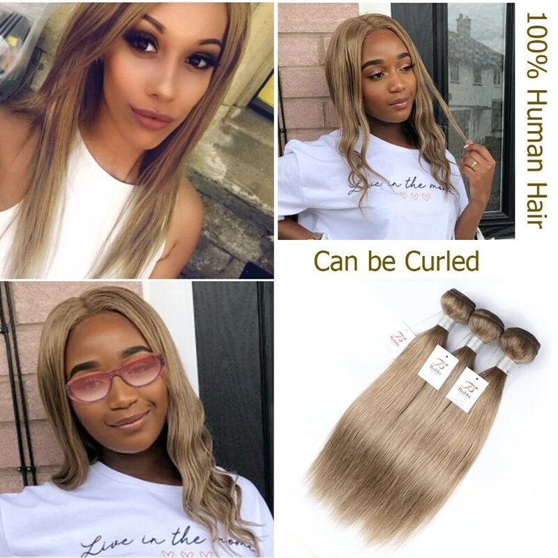 Indian Straight Hair Weave Color 8 Ash Blonde, Light Ginger Brown Remy Extensão do Cabelo Humano, 2 3 4 Pacotes