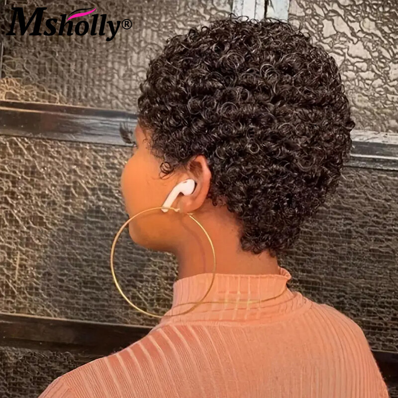 흑인 여성용 짧은 곱슬 머리 가발, 픽시 컷 레미 브라질 인모 가발, 아프로 킨키 곱슬 풀 머신 제작 가발