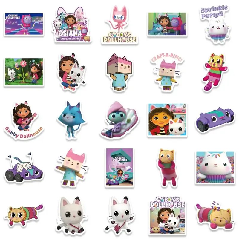 Pegatinas de dibujos animados de Gabby para casa de muñecas, 50 piezas, coche, motocicleta, equipaje de viaje, guitarra, impermeable, Graffiti