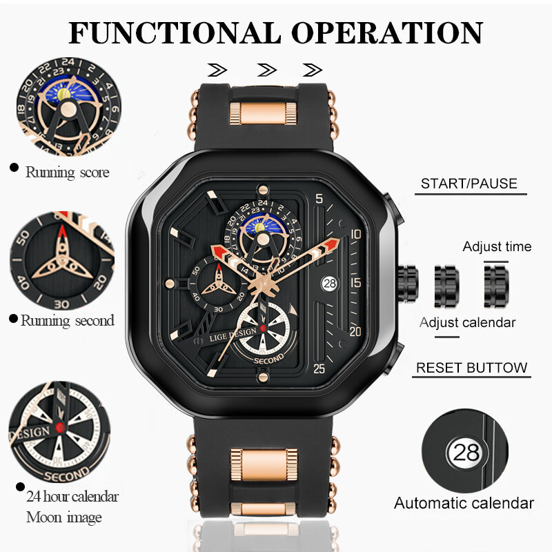 LIGE 남성용 스포츠 쿼츠 시계, 실리콘 방수 크로노그래프 손목시계, 탑 브랜드, 오리지널